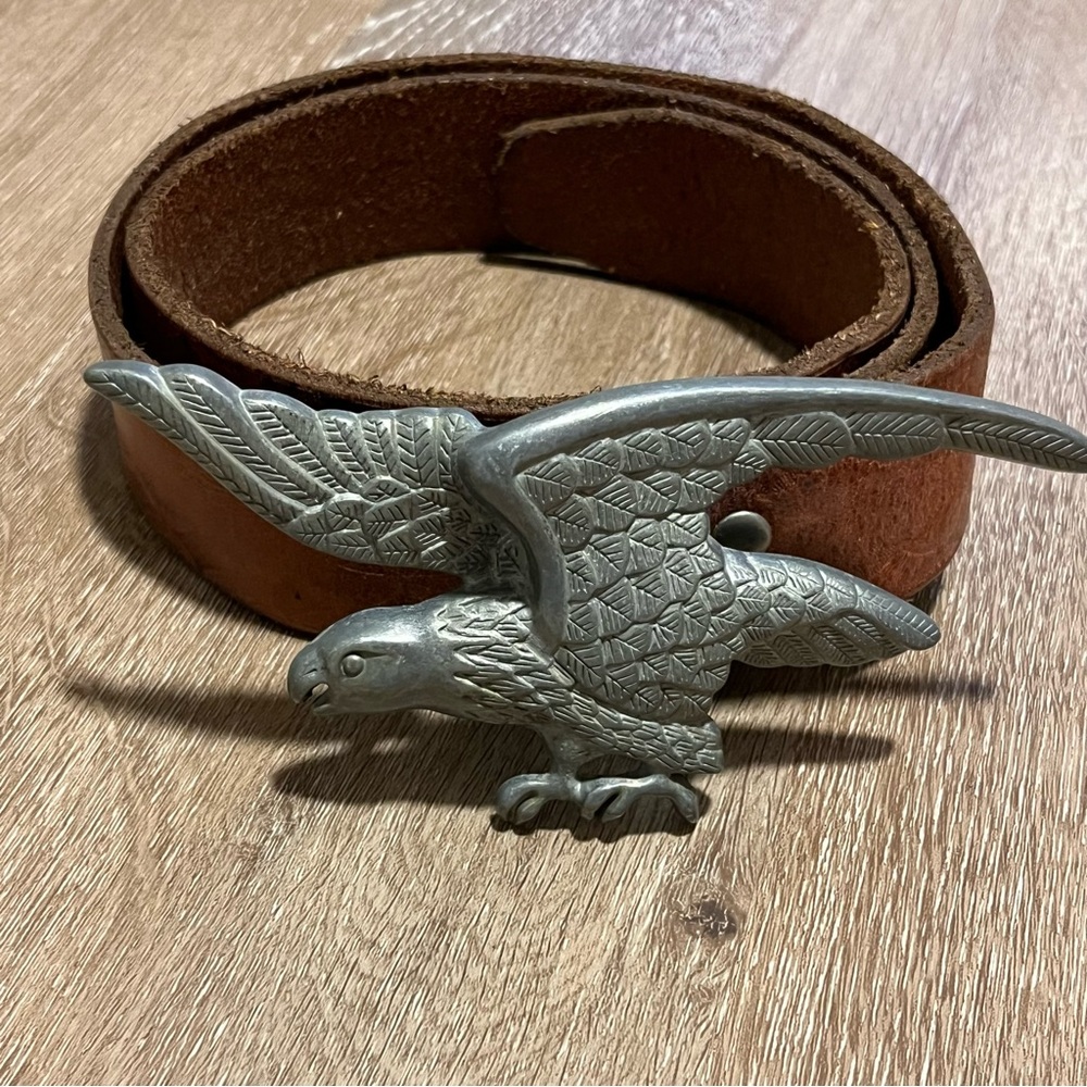 GAP Brown Leather Belt with Silver Eagle Buckle - 34